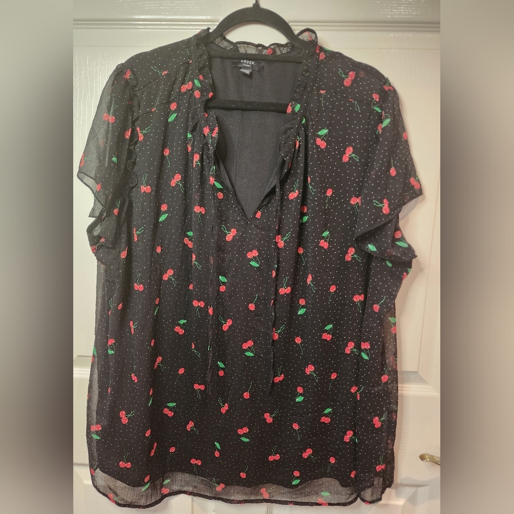 Cherry Print Black Blouse